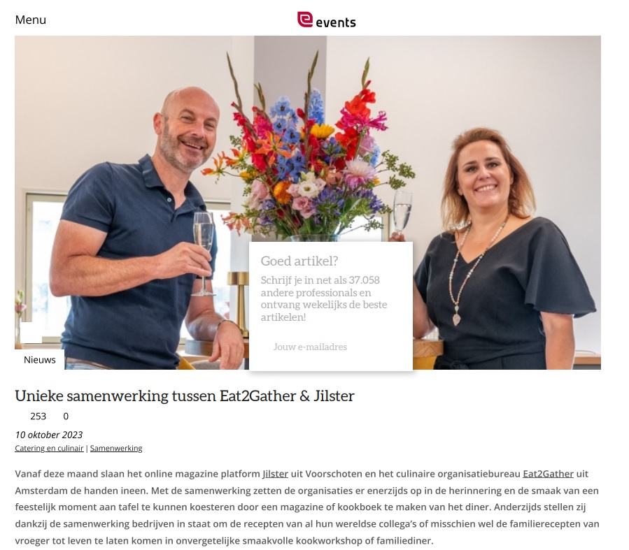 Events.nl schrijft over samenerking Eat2Gather en magazine platform Jilster